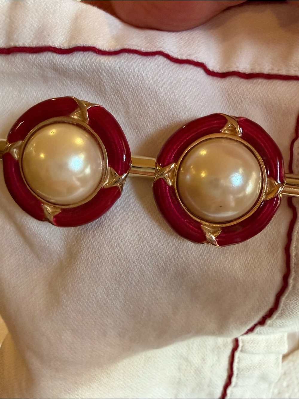 Vintage 1980 Gay Boyer Earrings Gold-Tone Faux Pearl and Red Enamel Clip-Ons